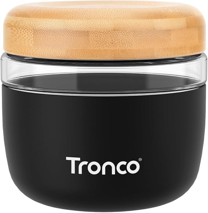 Tronco 24 oz Glass Container with Bamboo Lids, Food Storage Bowls for Soup, Stew & Overnight Oats, 100% Leak & Spill Proof, Airtight, Microwave & Dishwasher Safe, BPA-Free, Black